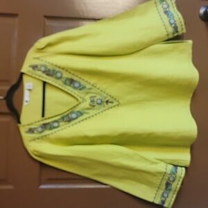 Carole Little- Linen Lime Green V neck top with print along V Size XL. NWOT.